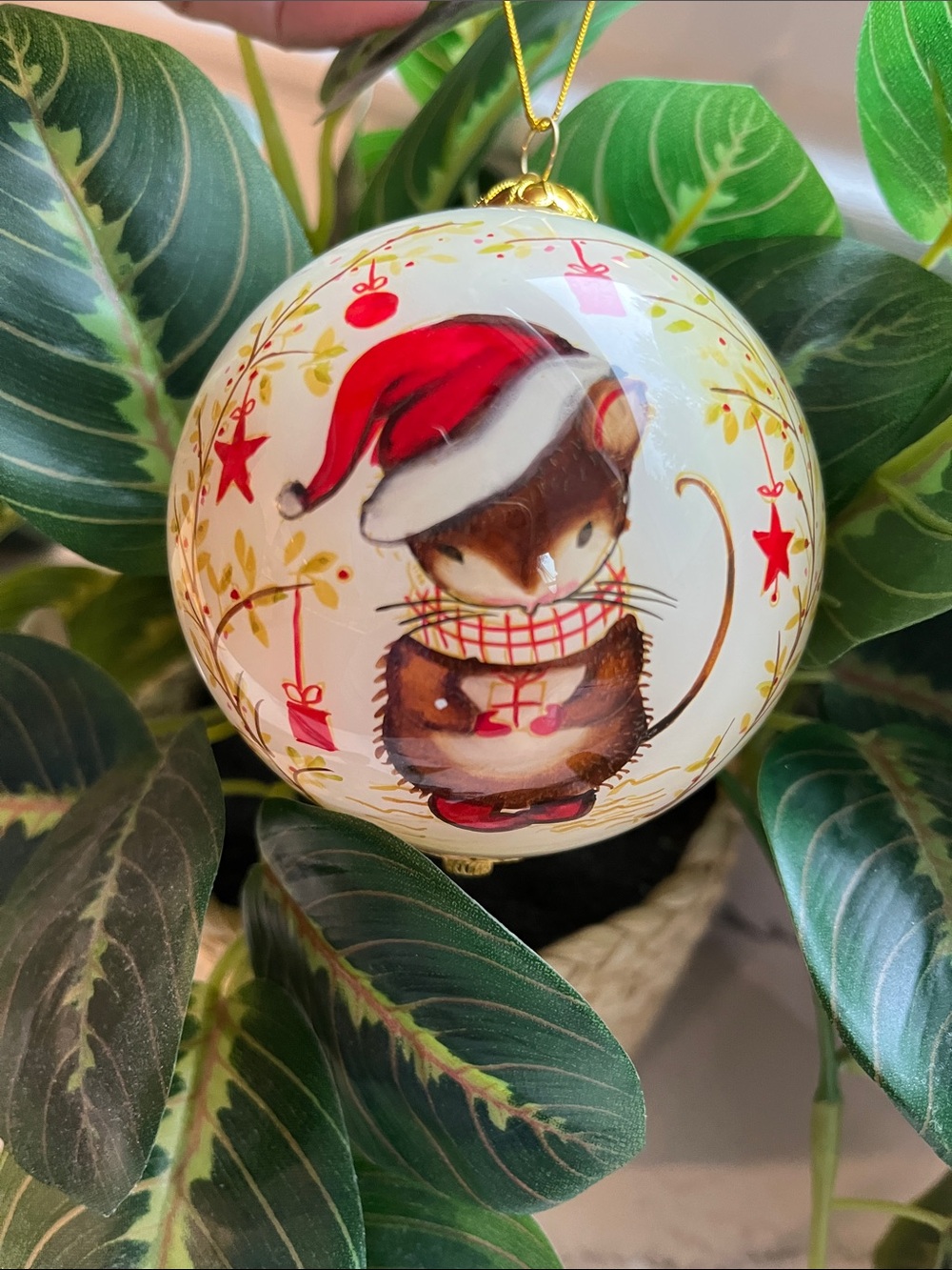 🐭 Pier 1 Li Bien Glass Ornament with Red-Accented Festive Mouse